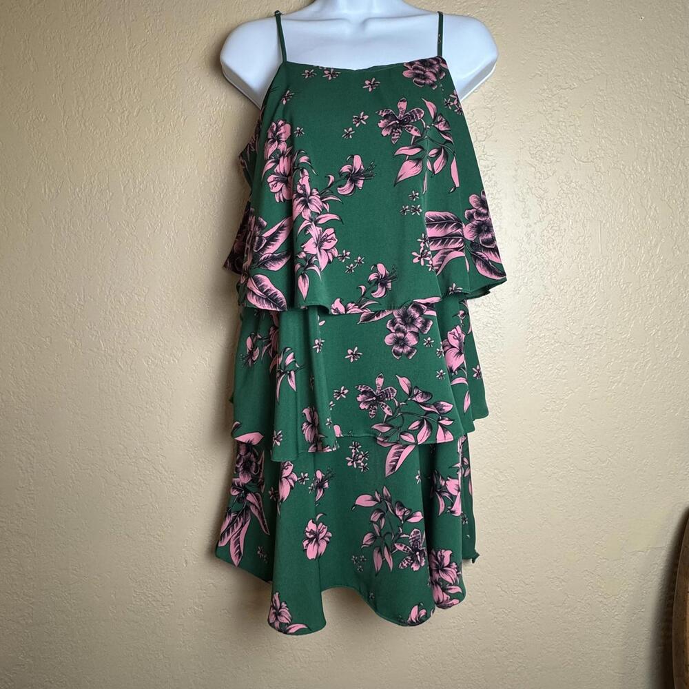 Sam Edelman Green & Pink Floral Ruffle Tiered Dress Size Medium